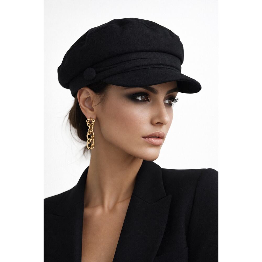 Black Suede Style Newsboy Baker Cap Structured Curve Brim Side Button XS S - Picture 4 of 12